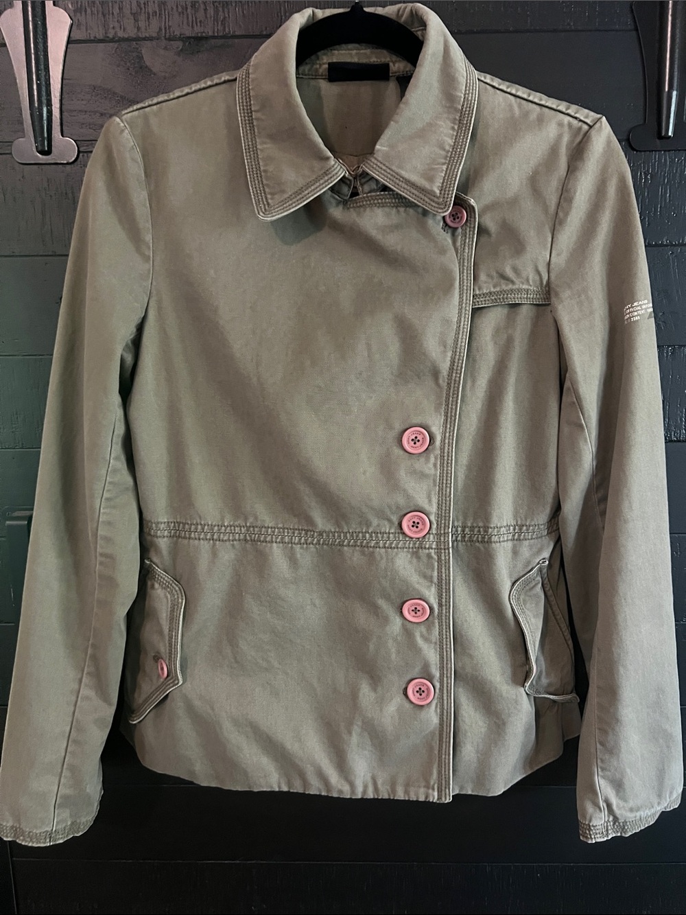 DKNY Olive Green Utility Jacket with Pink Buttons